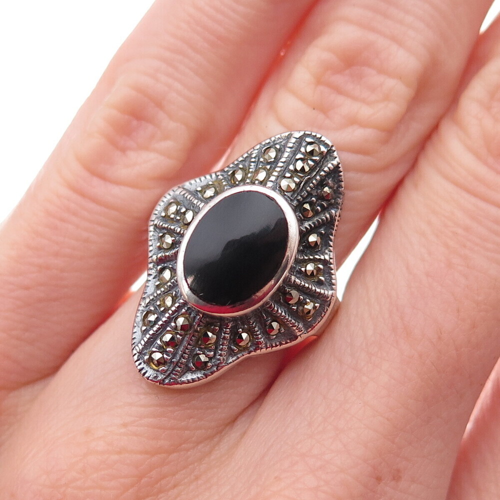 925 Sterling Silver Vintage Real Black Onyx & Marcasite Oxidized Ring Size 5.75